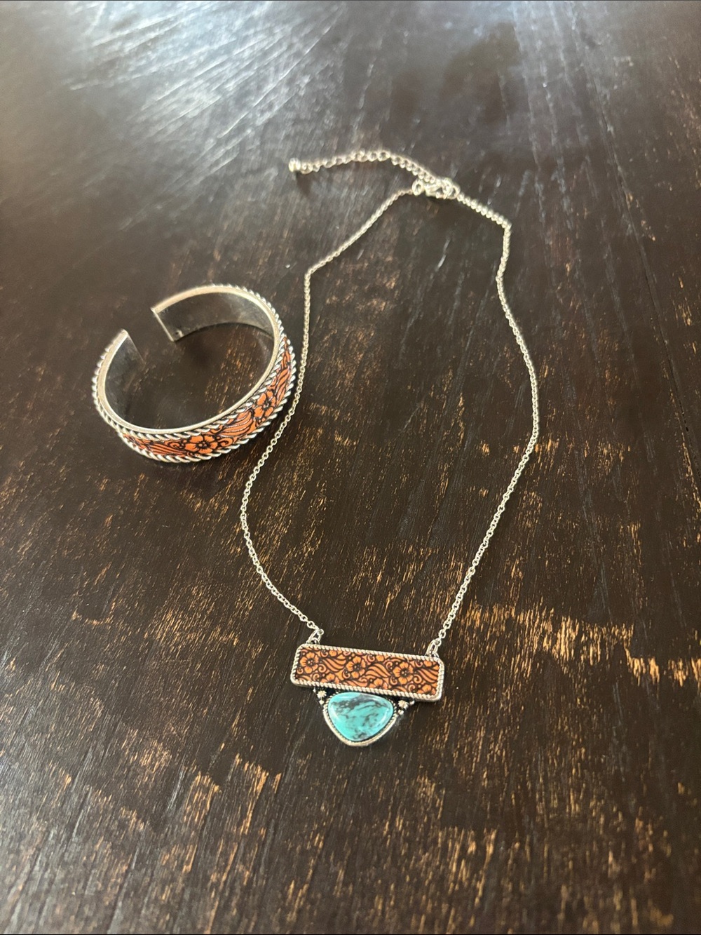 Turquoise and Copper Pendant Necklace with Matching Cuff Bracelet